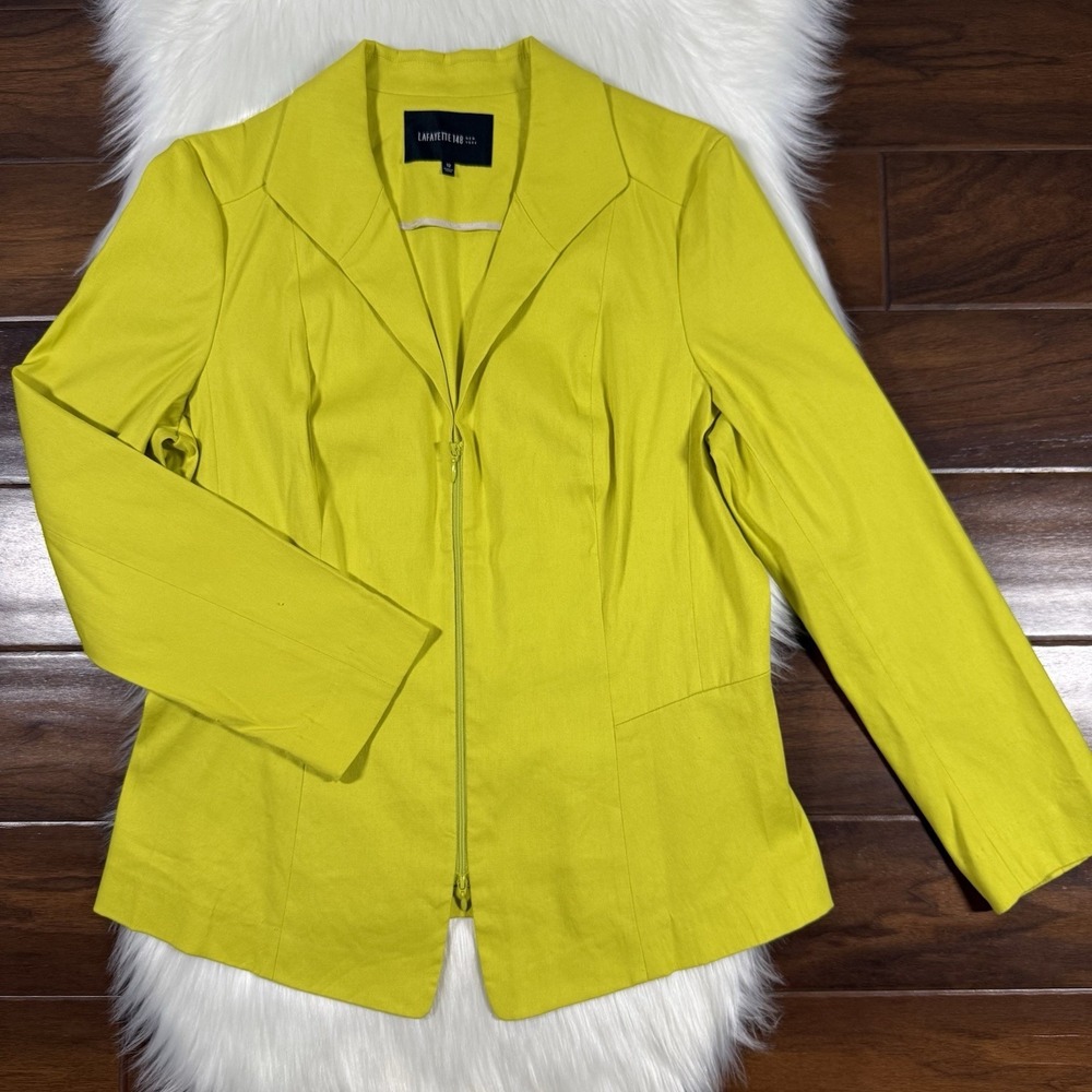 Lafayette 148 Women's Size 12 Lime Green Yellow Zip Up Linen Blend Blazer Jacket